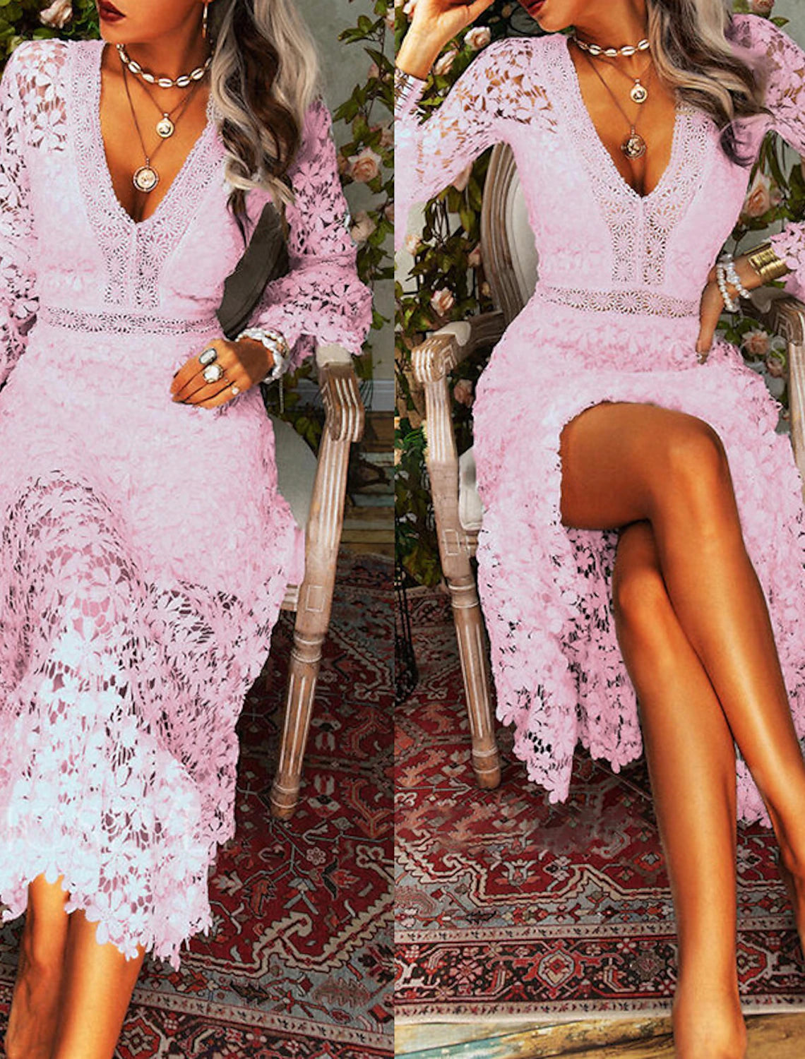 Wholesale Women's Party Dress Lace Dress Homecoming Dress Long Dress Maxi Dress White Yellow Pink Long Sleeve Pure Color Lace Summer Spring Fall Deep V Fashion Winter Dress Birthday Wedding Guest